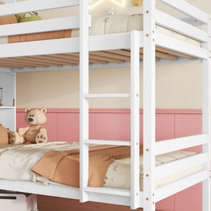 English Elm Twin Over Twin Bunk Bed With Integrated Shelves, Safety Guardrails & Convertible Design, White Finish W504S00214-GIGA
