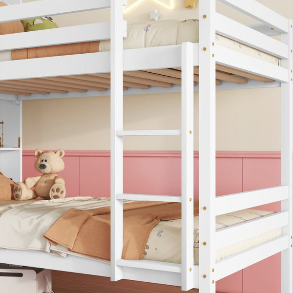 English Elm Twin Over Twin Bunk Bed With Integrated Shelves, Safety Guardrails & Convertible Design, White Finish W504S00214-GIGA