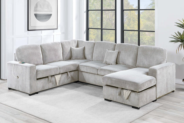 English Elm Modern Corduroy 4-piece Sectional with Storage Pull Out Bed and Usb Charging Port Ivory B011S02179
