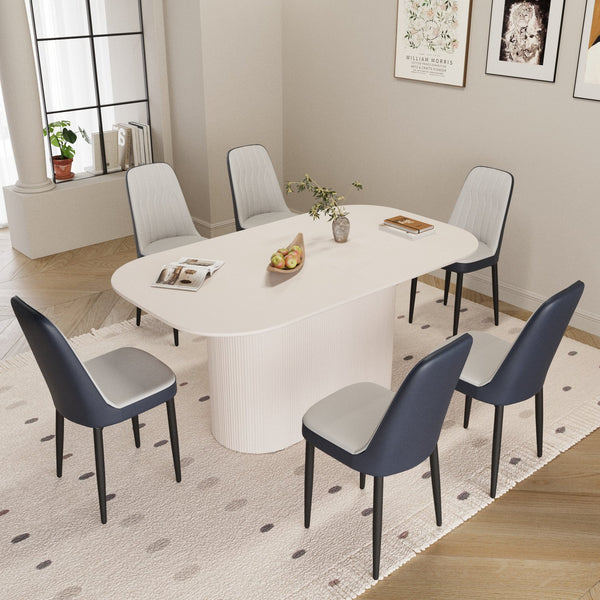 English Elm 63 Medieval Modern Cream Style Dining Table & 6 Pu Chairs Set - Ergonomic Comfort & Durability W2189S00701