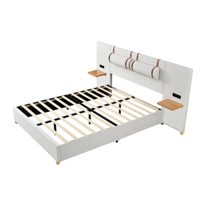 English Elm Queen Upholstered Velvet Platform Bed with Dual USB Outlets, Built-In Pillows, Shelves & 500lb Support WF324746AAA