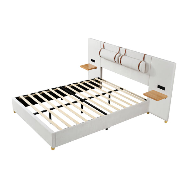 English Elm Queen Upholstered Velvet Platform Bed with Dual USB Outlets, Built-In Pillows, Shelves & 500lb Support WF324746AAA