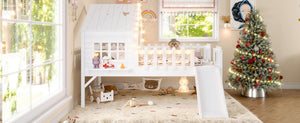 English Elm Twin Playhouse Loft Bed Solid Pine Frame with Slide Led Lights and Star Roof White W5316S00004