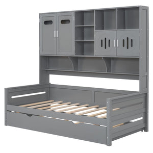 English Elm Twin Size Wooden Daybed With Trundle, Integrated Storage Cabinet & Shelves For Kids' Rooms, Gray N820S00026E-GIGA