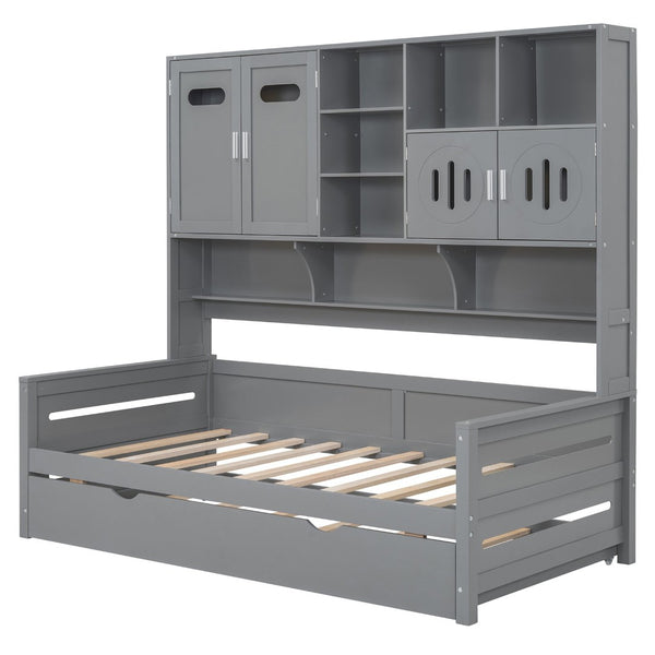English Elm Twin Size Wooden Daybed With Trundle, Integrated Storage Cabinet & Shelves For Kids' Rooms, Gray N820S00026E-GIGA