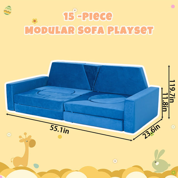 English Elm 15pcs Modular Toddler Play Couch Set Velvet Foam Fort Building Playroom Seating Blue T5880P493413