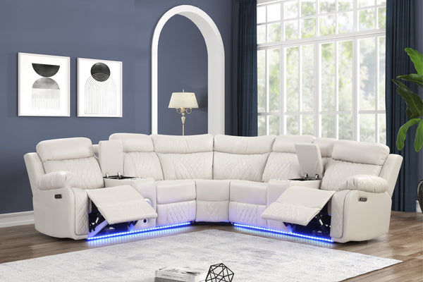 English Elm Lacrosse Power Reclining Sectional with Bluetooth Speakers, LED Lighting, USB Ports & Console Comfort Beige B009S01431