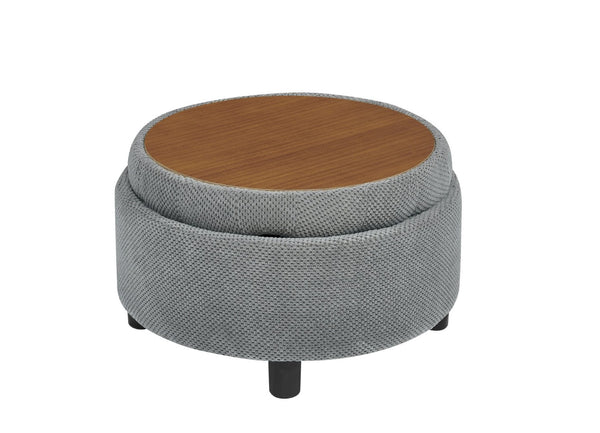 English Elm 25 Inch Round Fabric Pouf Ottoman with Removable Wooden Lid and Hidden Interior Storage Light Grey W5568P461344