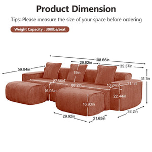 English Elm Streamlined Velvet U-shape Modular Sectional Sofa with Ottomans French Piping Cloud Foam Red W3041S00360