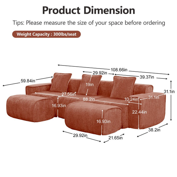 English Elm Streamlined Velvet U-shape Modular Sectional Sofa with Ottomans French Piping Cloud Foam Red W3041S00360