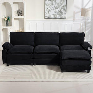 English Elm Modern Black Corduroy L-shaped Sectional with Ottoman for Spacious Living Rooms W2715P382263