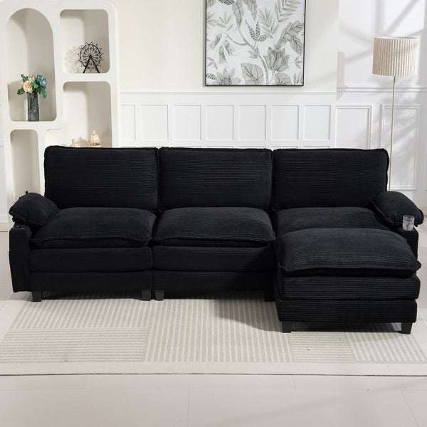 English Elm Modern Black Corduroy L-shaped Sectional with Ottoman for Spacious Living Rooms W2715P382263