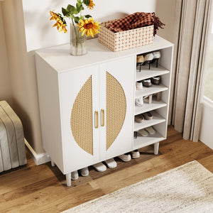 English Elm 20 Pairs Shoe Storage Cabinet White Light Oak with Handwoven Rattan Panels, 8 Adjustable Shelves, Anti-Tip Handles T3833P366595