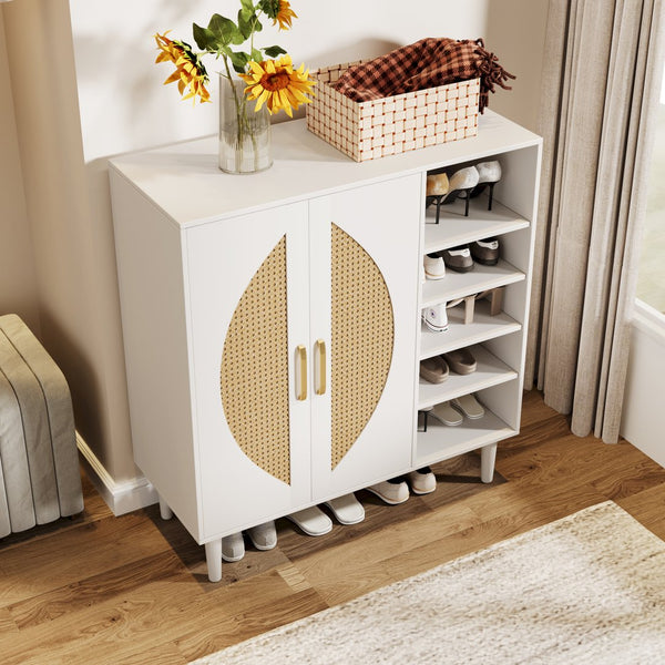English Elm 20 Pairs Shoe Storage Cabinet White Light Oak with Handwoven Rattan Panels, 8 Adjustable Shelves, Anti-Tip Handles T3833P366595