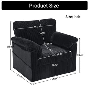 English Elm 33 Inch Oversized Swivel Corduroy Lounge Chair with Plush Chenille Cushioning and Support Springs Black W1829P265018