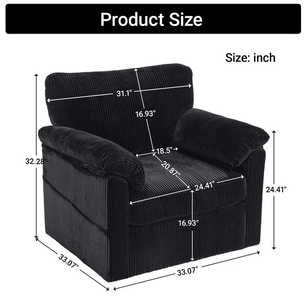 English Elm 33 Inch Oversized Swivel Corduroy Lounge Chair with Plush Chenille Cushioning and Support Springs Black W1829P265018