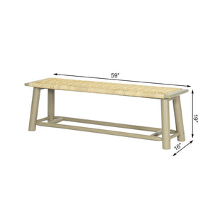 English Elm Farmhouse Solid Wood Rattan Bench – 59" Indoor & Covered Outdoor Seating, Moisture-Resistant Finish, Seats 3 Gold N842P271335E
