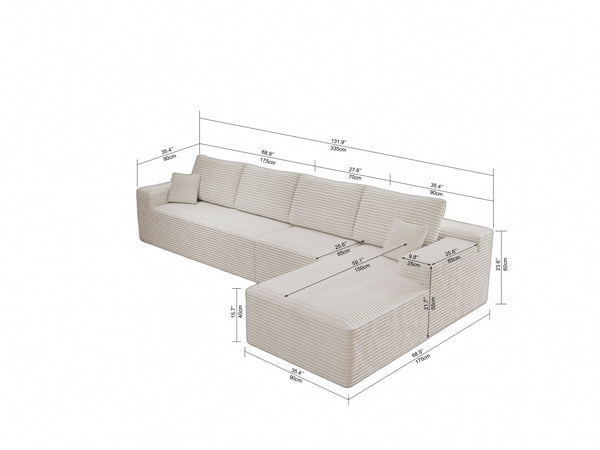 English Elm 131.9*68.9"Modular Sectional Sofa - Plush Corduroy, No Assembly, Versatile 4-Piece Design For Any Space W3819S00053