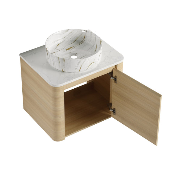 English Elm 24'' Sleek Wall-Mounted Bathroom Vanity With Ceramic Vessel Sink & Soft-Close Door For Small Spaces W999S00459