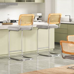 English Elm Counter Height Bar Stools Set Of 2 - Luxurious Gray Velvet & Rattan Back Armless Chairs For Style T3623P360715