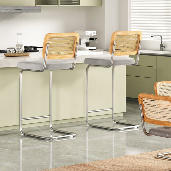 English Elm Counter Height Bar Stools Set Of 2 - Luxurious Gray Velvet & Rattan Back Armless Chairs For Style T3623P360715