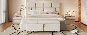English Elm 2-pieces Queen Platform Bed Set Pu Upholstered Hydraulic Storage with Gold Accent Ottoman N733S362242A