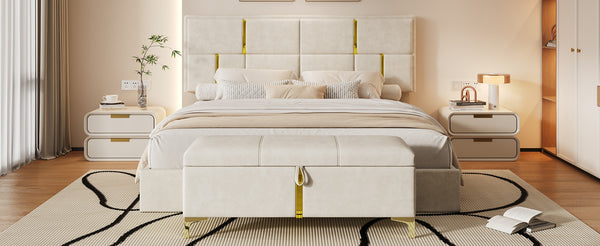 English Elm 2-pieces Queen Platform Bed Set Pu Upholstered Hydraulic Storage with Gold Accent Ottoman N733S362242A