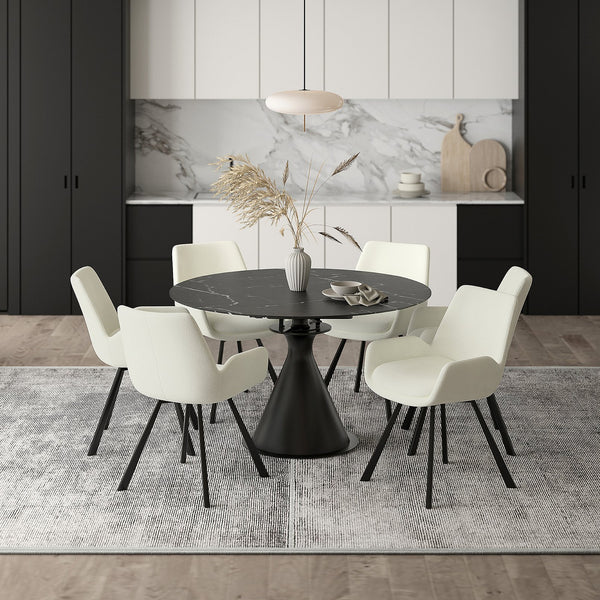 Worldwide Home Furnishings Calisto Versatile 7-piece Dining Set: Transforming Table & Stylish Swivel Chairs For Any Space Black Table,Ivory Chair Sintered Stone,Metal,Fabric 207-110bk_144iv