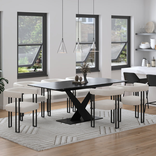 Worldwide Home Furnishings Julius Scarlet Iv 7pc Dining Set - Elegant Extendable Table With Durable Chairs For Stylish Dining Black Table,Ivory Chair Sintered Stone,Metal,Boucle Fabric 207-111bk_108iv