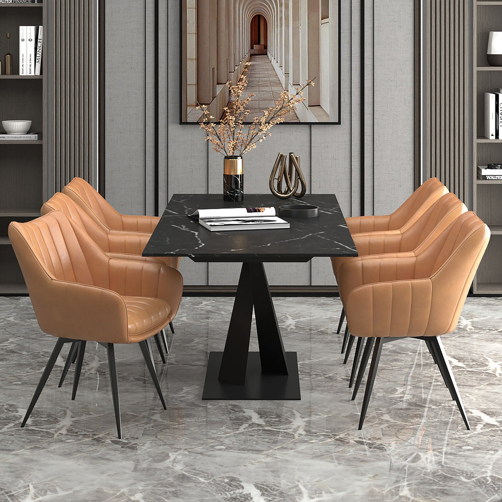 Worldwide Home Furnishings Julius Modern 7-piece Dining Set: Extendable Sintered Stone Table With Chic Faux Leather Chairs Black Table,Camel Chair Sintered Stone,Metal,Faux Leather 207-111bk_139cam