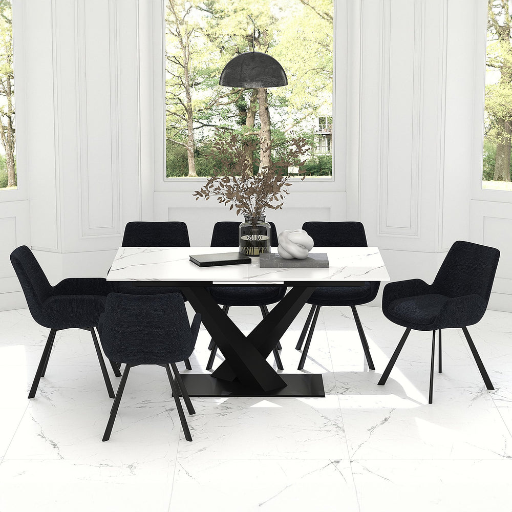 Worldwide Home Furnishings Julius Expandable Dining Set With Sintered Stone Table & Swivel Chairs – Stylish & Durable Design White Table,Black Chair Sintered Stone,Metal,Fabric 207-111wt_144bk