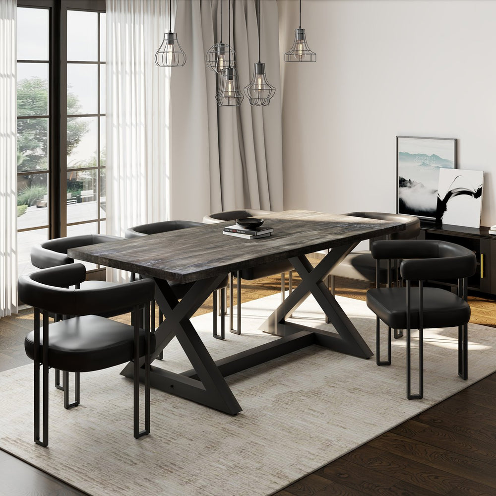 Worldwide Home Furnishings Zax 7-piece Dining Set - Elegant Solid Wood Table With Stylish Faux Leather Upholstered Chairs Grey Table,Black Chair Solid Wood,Metal,Faux Leather 207-147dg_108pubk