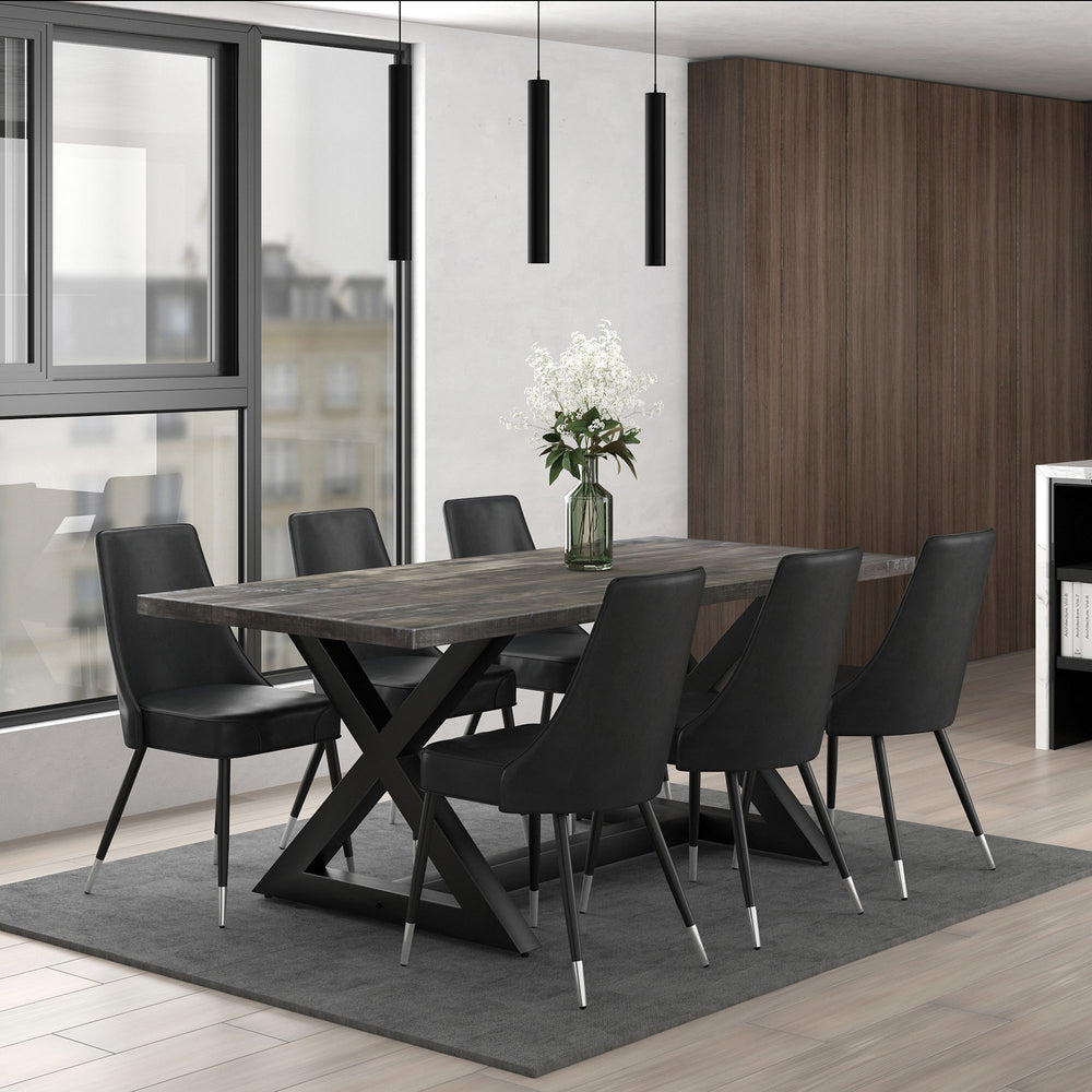 Worldwide Home Furnishings Zax Oversized Mid-century 7-piece Dining Set With Sturdy Wood Table & Vintage Faux Leather Chairs Black Table,Grey Chair Solid Wood,Metal,Faux Leather 207-147dg/429gy