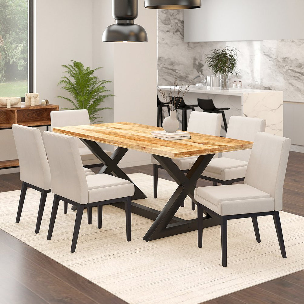 Worldwide Home Furnishings Zax 7-piece Modern Dining Set With Natural Wood Grain, Stylish Black & Beige Chairs For Any Space Natural Table,Beige Chair Solid Wood,Metal,Fabric 207-147natbk_081beg_Bk