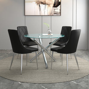 Worldwide Home Furnishings Solara Contemporary 5-piece Dining Set With Clear Glass Top And Stylish Metal Legs For Small Spaces Chrome Table,Black Chair Metal,Glass,Faux Leather 207-160_087bk