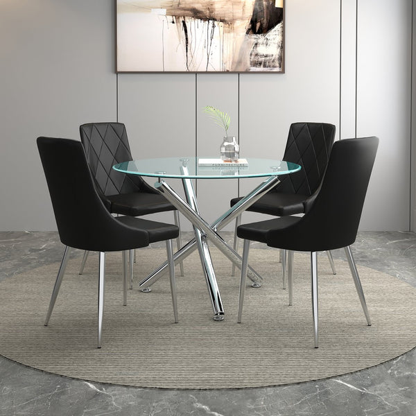 Worldwide Home Furnishings Solara Contemporary 5-piece Dining Set With Clear Glass Top And Stylish Metal Legs For Small Spaces Chrome Table,Black Chair Metal,Glass,Faux Leather 207-160_087bk