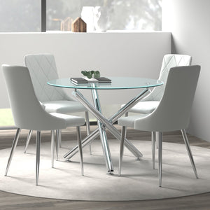 Worldwide Home Furnishings Solara Contemporary 5-piece Dining Set With Clear Glass Top And Stylish Metal Legs For Small Spaces Chrome Table,Grey Chair Metal,Glass,Faux Leather 207-160_087lg
