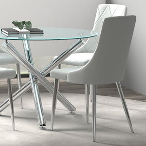 Worldwide Home Furnishings Solara Contemporary 5-piece Dining Set With Clear Glass Top And Stylish Metal Legs For Small Spaces Chrome Table,Grey Chair Metal,Glass,Faux Leather 207-160_087lg