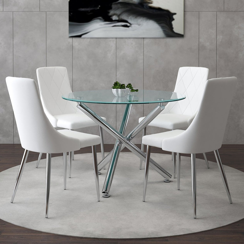 Worldwide Home Furnishings Solara Contemporary 5-piece Dining Set With Clear Glass Top And Stylish Metal Legs For Small Spaces Chrome Table,White Chair Metal,Glass,Faux Leather 207-160_087wt