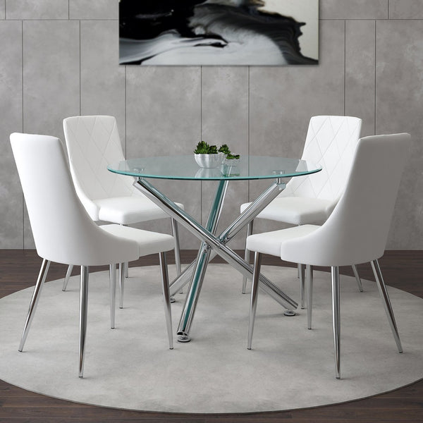 Worldwide Home Furnishings Solara Contemporary 5-piece Dining Set With Clear Glass Top And Stylish Metal Legs For Small Spaces Chrome Table,White Chair Metal,Glass,Faux Leather 207-160_087wt