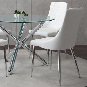 Worldwide Home Furnishings Solara Contemporary 5-piece Dining Set With Clear Glass Top And Stylish Metal Legs For Small Spaces Chrome Table,White Chair Metal,Glass,Faux Leather 207-160_087wt
