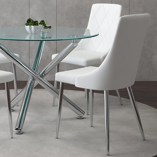 Worldwide Home Furnishings Solara Contemporary 5-piece Dining Set With Clear Glass Top And Stylish Metal Legs For Small Spaces Chrome Table,White Chair Metal,Glass,Faux Leather 207-160_087wt