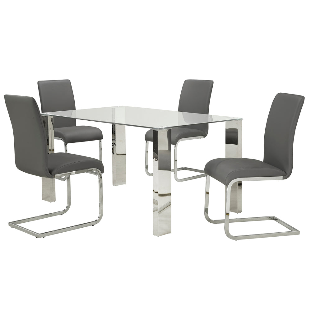 Worldwide Home Furnishings Frankfurt_Maxim Contemporary 5-piece Dining Set With Chrome Finish & Clear Glass Top For Modern Spaces Chrome Table,Grey Chair Mdf,Metal,Glass,Faux Leather 207-165/489gy