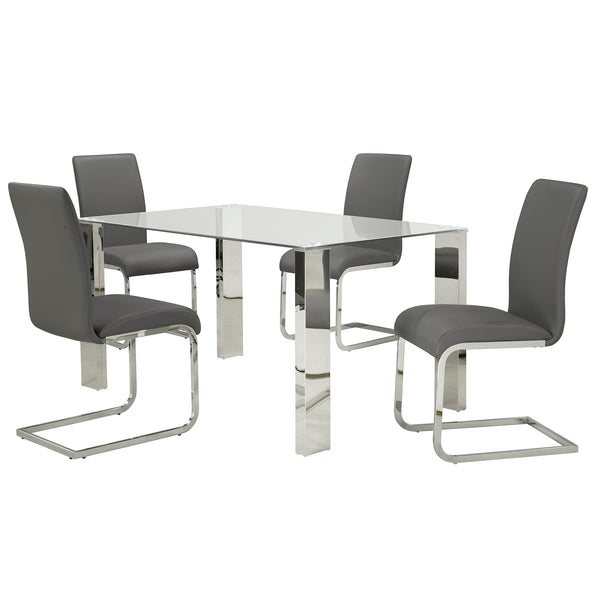 Worldwide Home Furnishings Frankfurt_Maxim Contemporary 5-piece Dining Set With Chrome Finish & Clear Glass Top For Modern Spaces Chrome Table,Grey Chair Mdf,Metal,Glass,Faux Leather 207-165/489gy