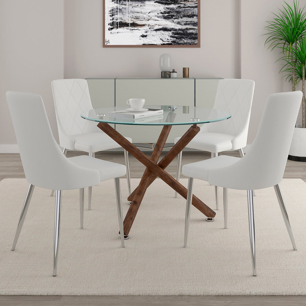 Worldwide Home Furnishings Rocca_Devo 5-piece Dining Set With Glass Top, Walnut Legs & Stylish Faux Leather Chairs For Elegance Walnut Table,White Chair Metal,Glass,Faux Leather 207-264/087wt