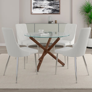 Worldwide Home Furnishings Rocca_Devo 5-piece Dining Set With Glass Top, Walnut Legs & Stylish Faux Leather Chairs For Elegance Walnut Table,White Chair Metal,Glass,Faux Leather 207-264/087wt