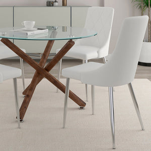 Worldwide Home Furnishings Rocca_Devo 5-piece Dining Set With Glass Top, Walnut Legs & Stylish Faux Leather Chairs For Elegance Walnut Table,White Chair Metal,Glass,Faux Leather 207-264/087wt