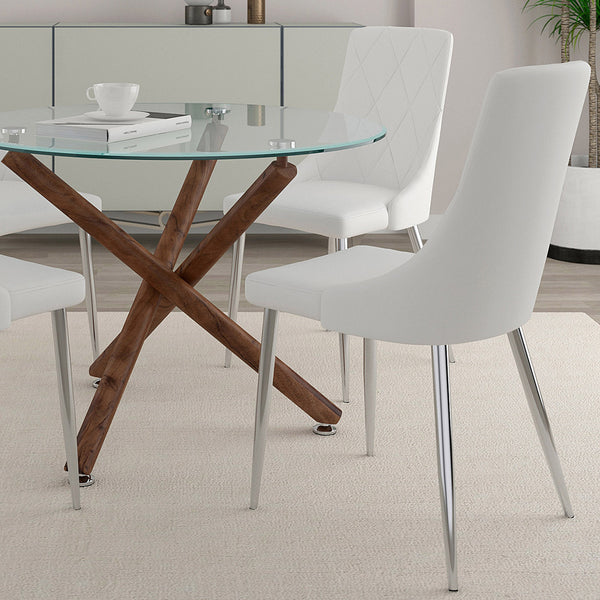 Worldwide Home Furnishings Rocca_Devo 5-piece Dining Set With Glass Top, Walnut Legs & Stylish Faux Leather Chairs For Elegance Walnut Table,White Chair Metal,Glass,Faux Leather 207-264/087wt