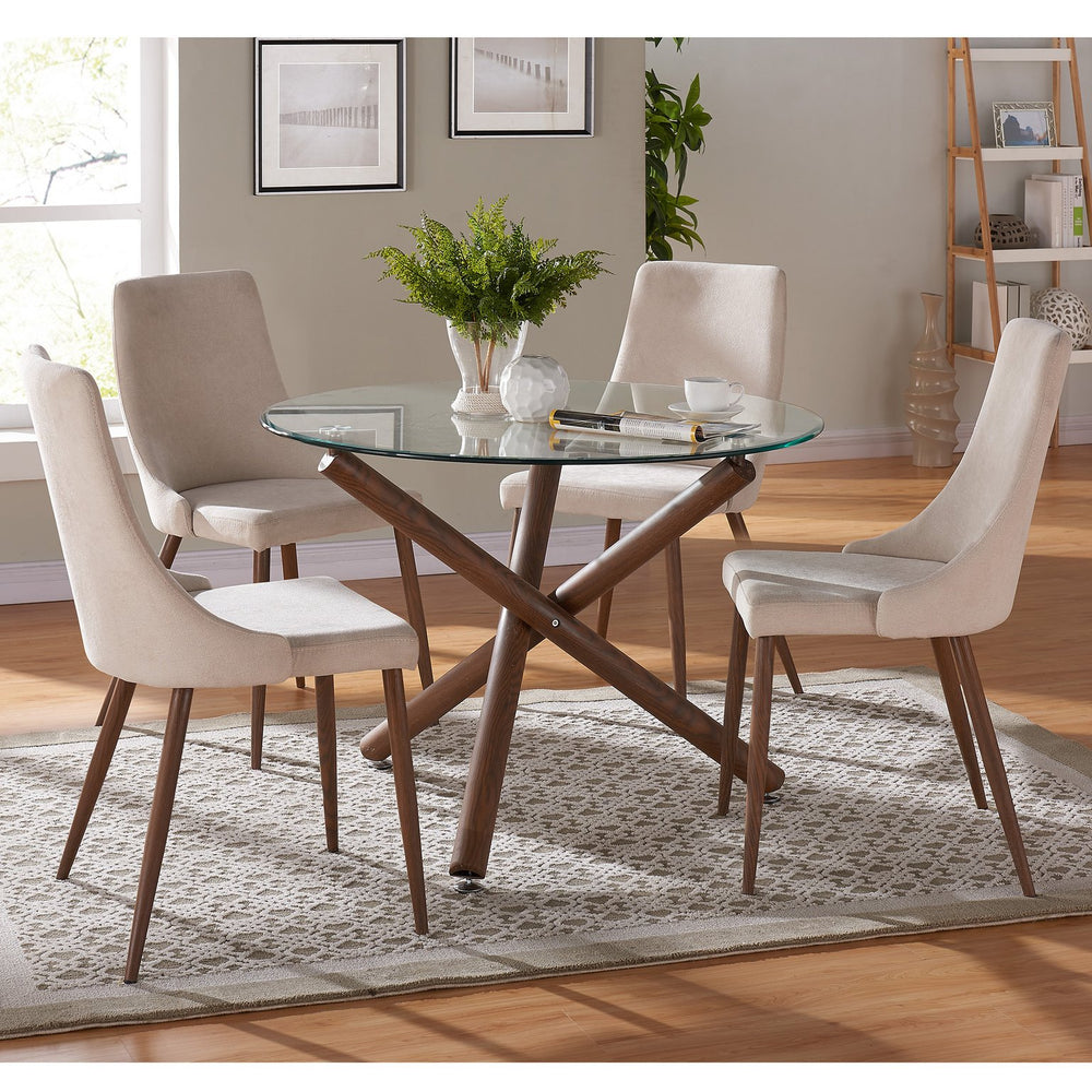 Worldwide Home Furnishings Rocca_Cora Stunning 5-piece Dining Set With Clear Glass Top And Stylish Geometric Design Elements Walnut Table,Beige Chair Metal,Glass,Fabric 207-264/182bg