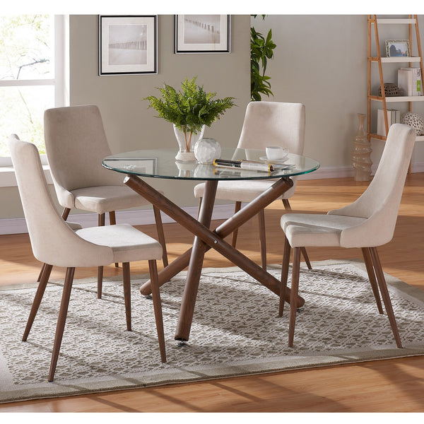 Worldwide Home Furnishings Rocca_Cora Stunning 5-piece Dining Set With Clear Glass Top And Stylish Geometric Design Elements Walnut Table,Beige Chair Metal,Glass,Fabric 207-264/182bg